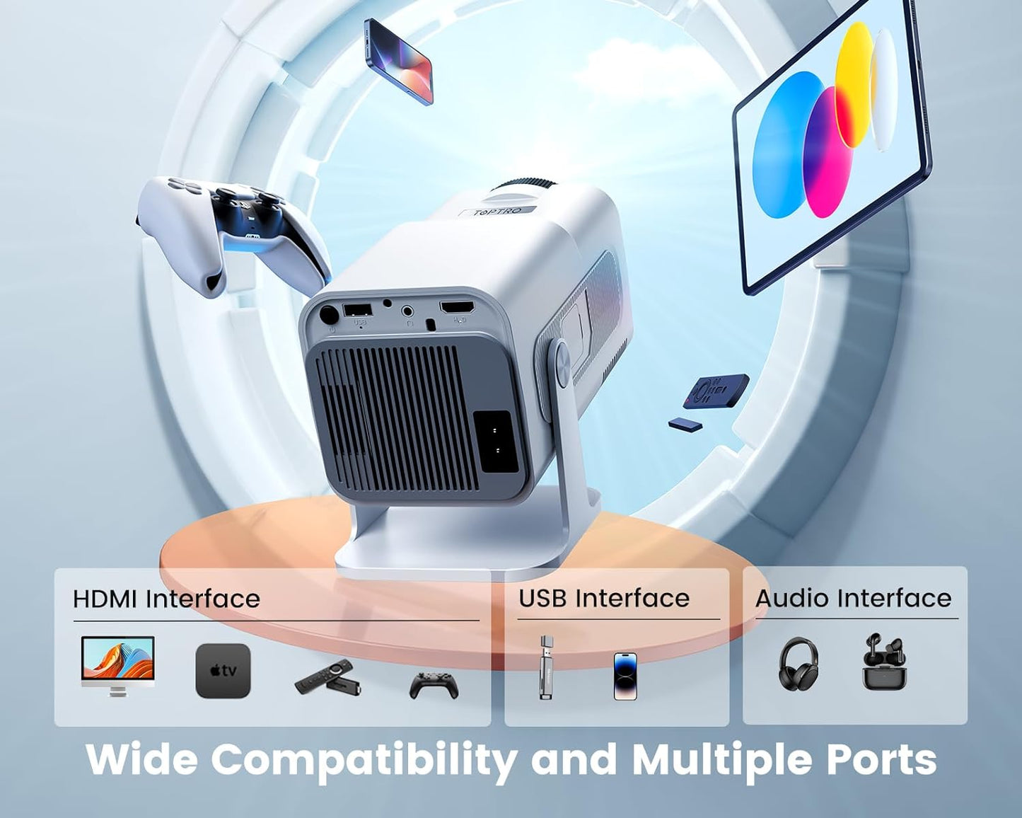 PHANTOM Mini Projector 4K Supported, Portable Projector with【270° Rotatable & Auto Keystone】Native 1080P 22000 Lumen Home Cinema Projector, WiFi6 Bluetooth Short Throw Outdoor Projector for iOS/Android
