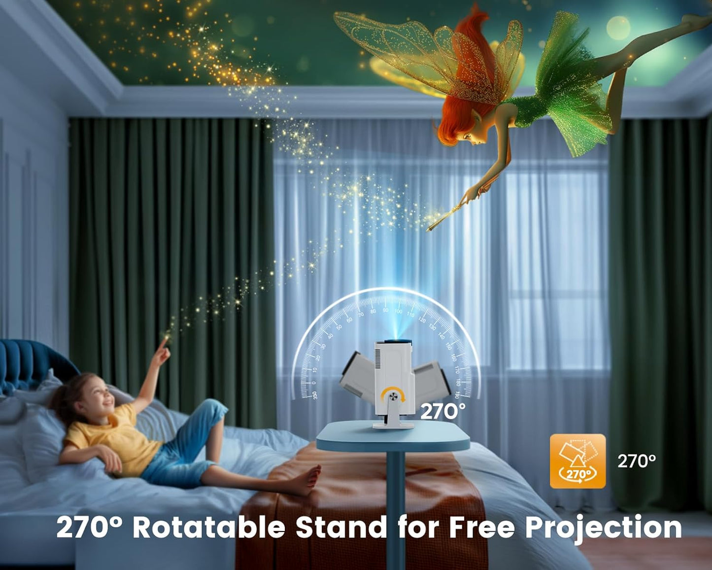 PHANTOM Mini Projector 4K Supported, Portable Projector with【270° Rotatable & Auto Keystone】Native 1080P 22000 Lumen Home Cinema Projector, WiFi6 Bluetooth Short Throw Outdoor Projector for iOS/Android